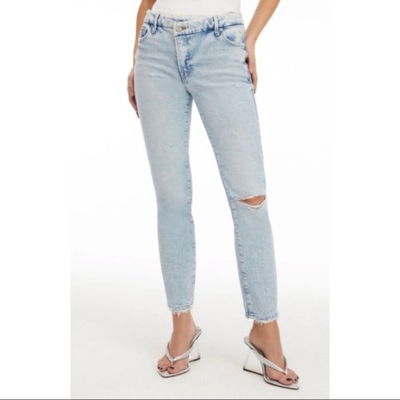 Good American Crossover Waist Distressed Skinny Jeans Blue 691 Light Wash - Picture 1 of 10